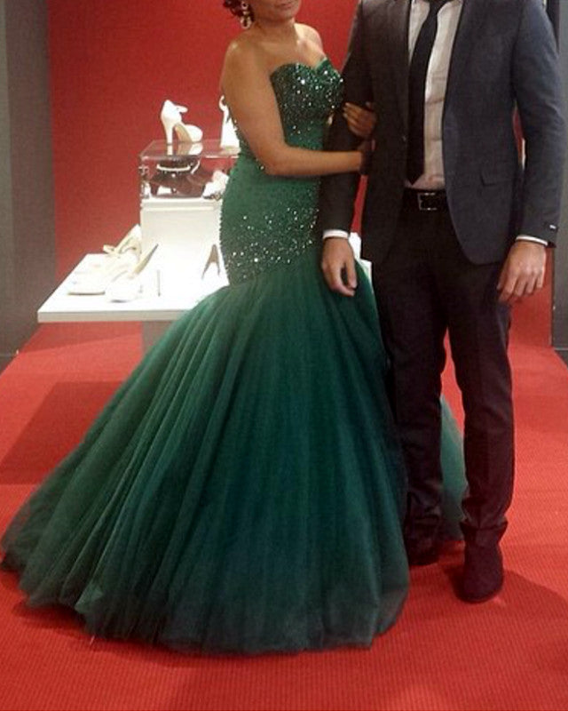 Mermaid Sweetheart Prom Dresses Tulle Crystal Beaded