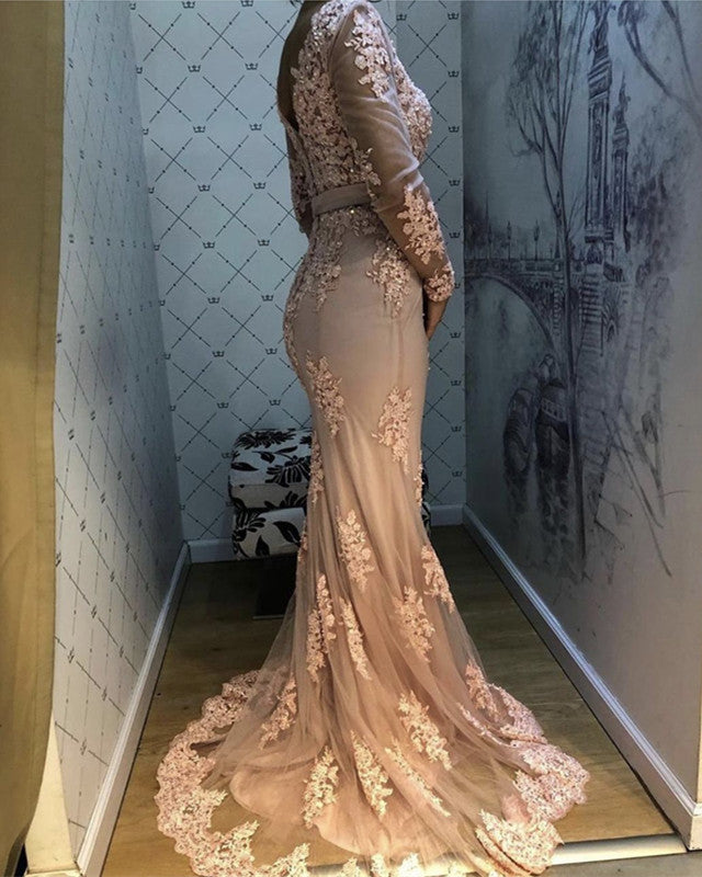 Mermaid V Neck Split Prom Lace Long Sleeves Dresses