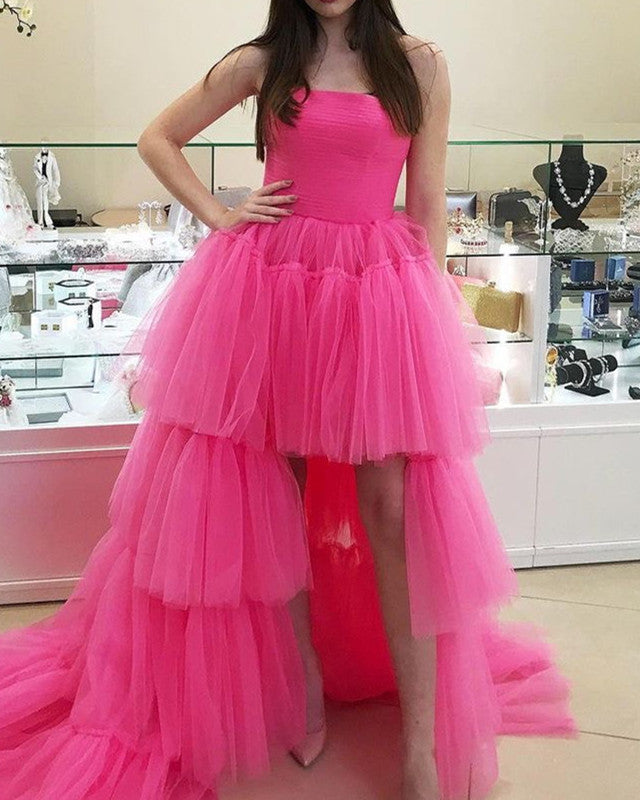 High Low Prom Dresses Strapless Tulle Ruffles
