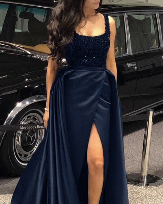 Navy Blue Bridesmaid Dresses Mermaid Satin Split