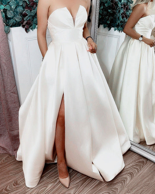 Beach Wedding Dress Satin Split With Pockets