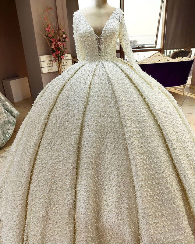 Luxurious Lace Beaded Wedding Dress Ball Gown Long Sleeves Open Back