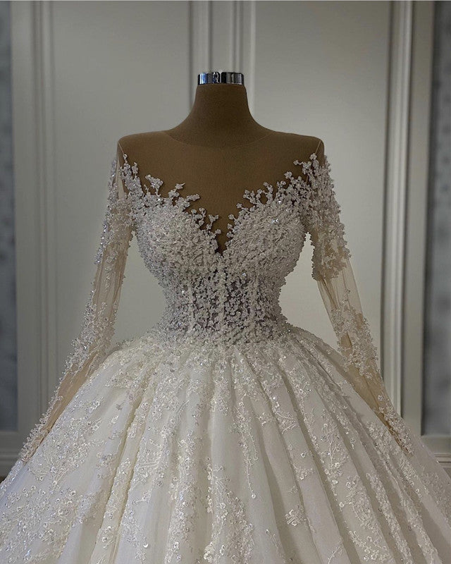 Sheer Neck Lace Wedding Dress Ball Gown Long Sleeves
