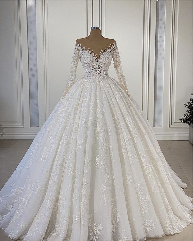 Sheer Neck Lace Wedding Dress Ball Gown Long Sleeves