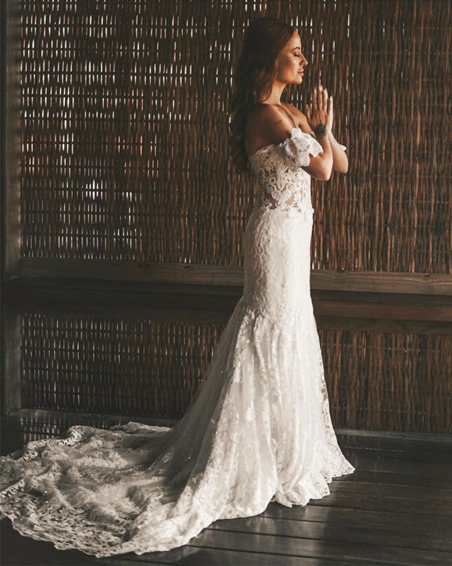 Boho Lace Mermaid Wedding Dresses Off The Shoulder