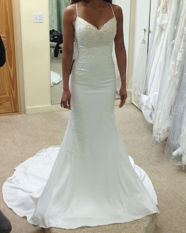 Mermaid V Neck Wedding Dress Appliques Spaghetti Straps