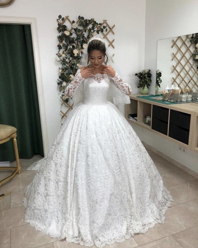 Vintage Lace Long Sleeves Wedding Dress Ball Gown Off The Shoulder – Lisposa