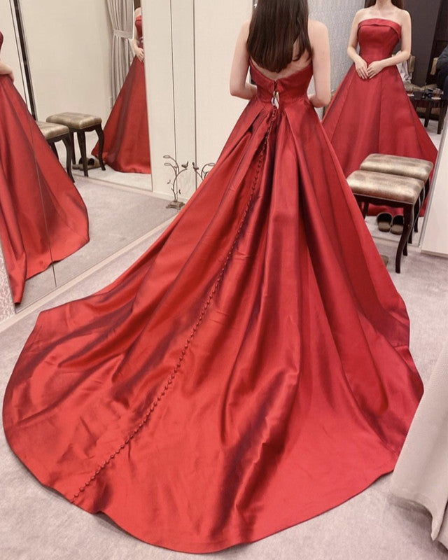 Strapless Ball Gown Satin Dresses Sweep Train