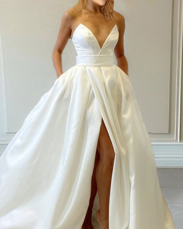 Sleeveless Satin Split Beach Wedding Dress With Pockets
