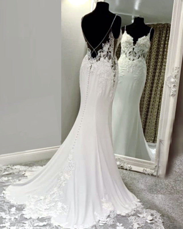 Lace Train Mermaid Wedding Dresses V Neck Open Back