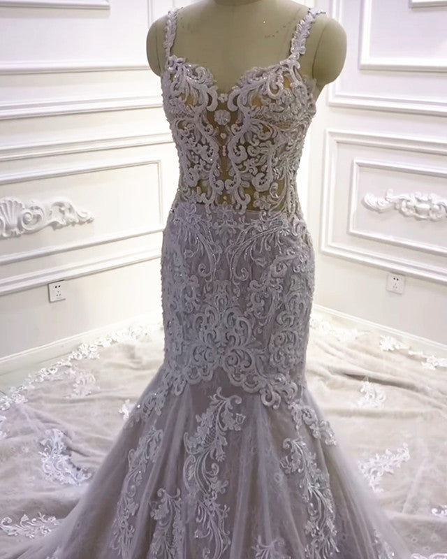 Lace Embroider Wedding Dress Mermaid Sweetheart Spaghetti Straps