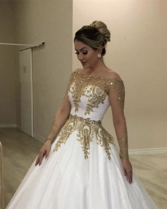 Gold And White Wedding Dress Lace Beaded Off Shoulder