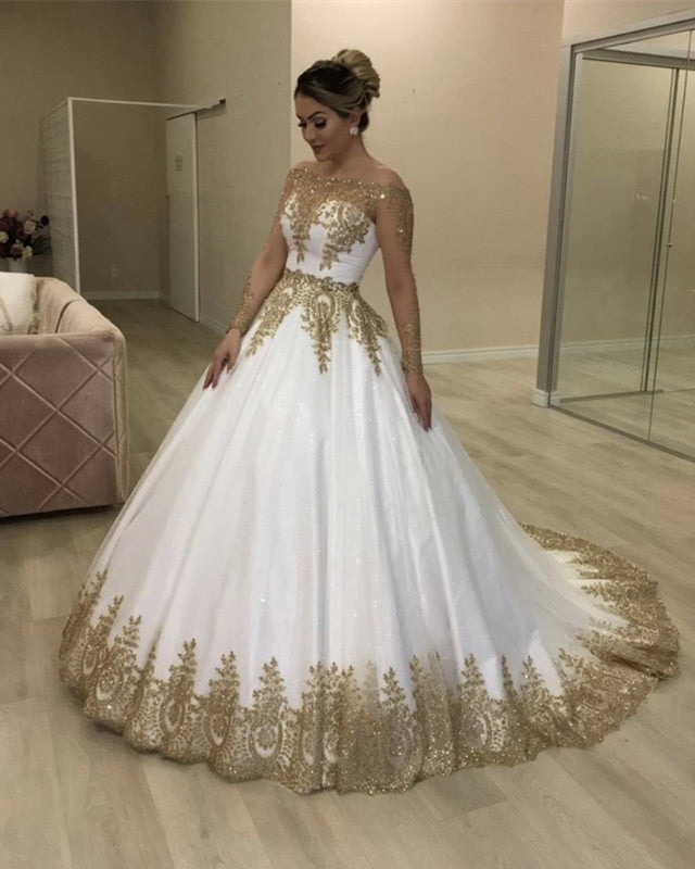 Gold And White Wedding Dress Lace Beaded Off Shoulder – Lisposa