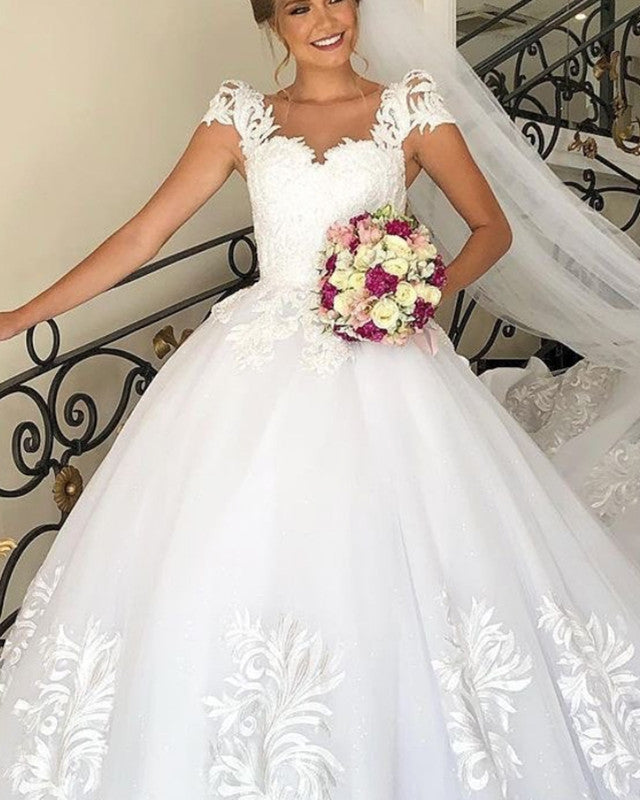 Lace Embroidery Wedding Dress Ball Gown Cap Sleeves