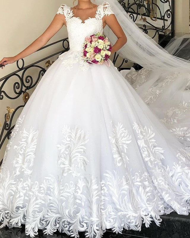 Lace Embroidery Wedding Dress Ball Gown Cap Sleeves