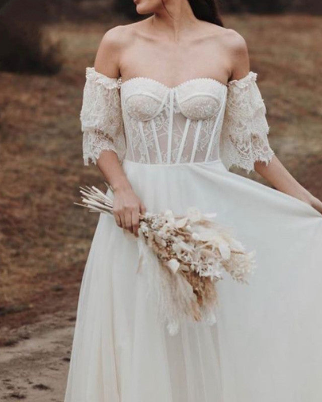 Lace See Through Corset Boho Wedding Dress With Sleeves – Lisposa