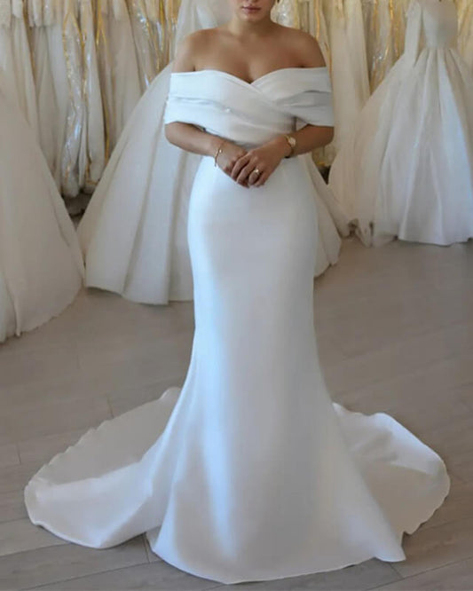 Mermaid Off The Shoulder Pleated Satin Wedding Dress