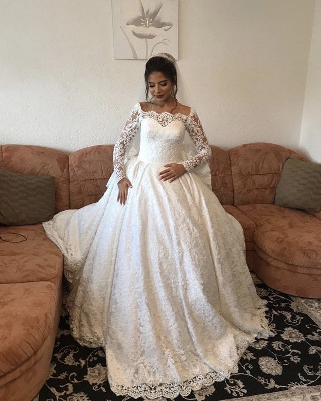 Vintage Lace Long Sleeves Wedding Dress Ball Gown Off The Shoulder – Lisposa