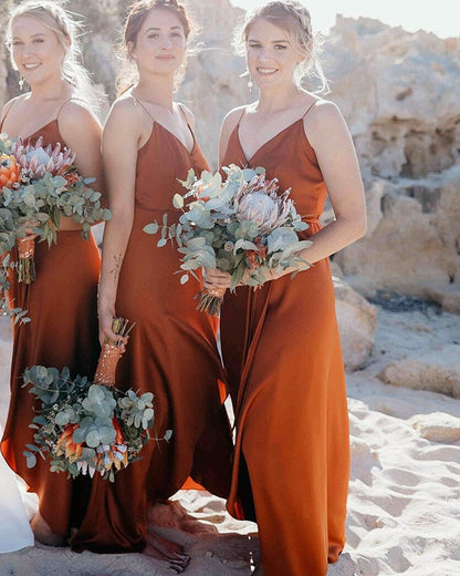 Beach Bridesmaid Dresses Spaghetti Straps V Neck Split – Lisposa