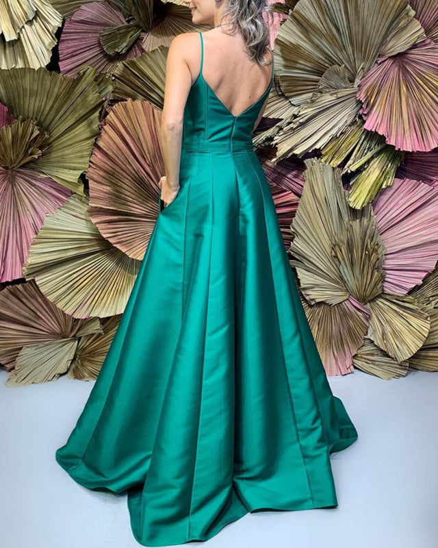 Long Satin Prom Dresses High V Neck