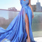 sexy Long Blue Prom Dresses Side Split With Embroidery