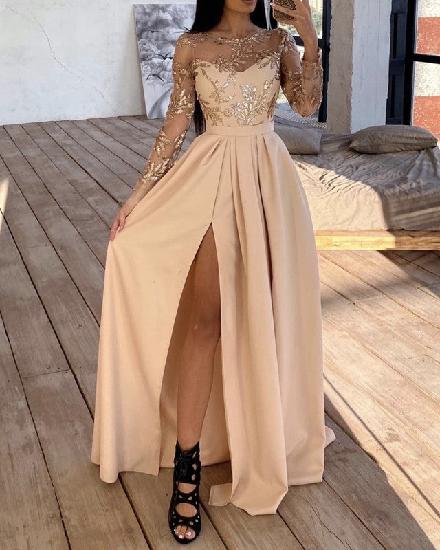 Champagne Bridesmaid Dresses Sheer Sleeves