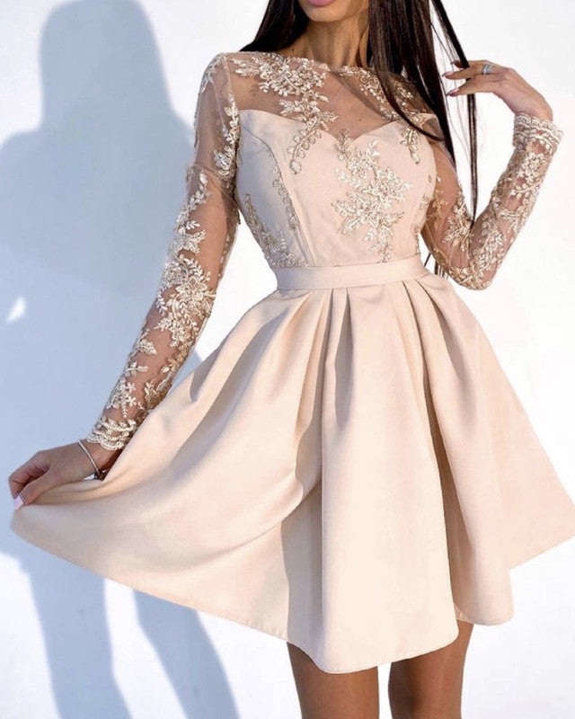 Short Champagne Dresses Lace Long Sleeves Lisposa Short Champagne Dresses Lace Long Sleeves Lisposa