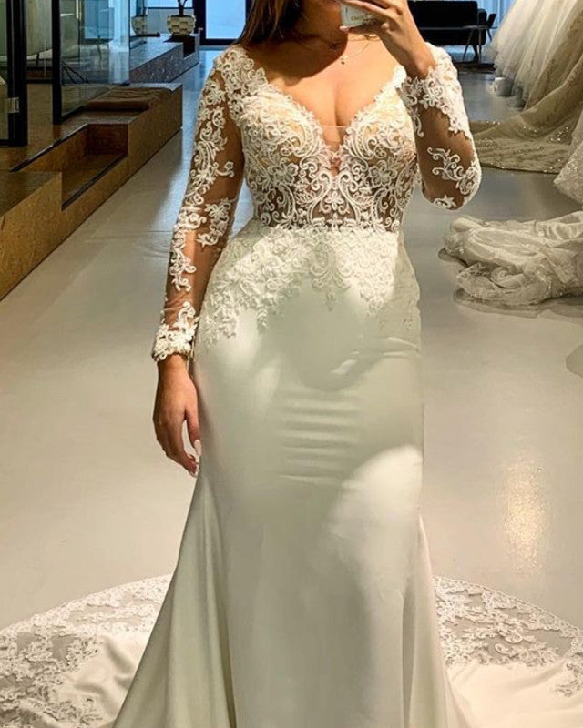 Lace Sleeves Mermaid Wedding Dress Satin