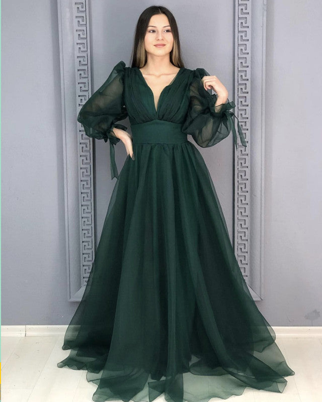 Long Sleeves Tulle V Neck Ruffles Prom Dresses – Lisposa
