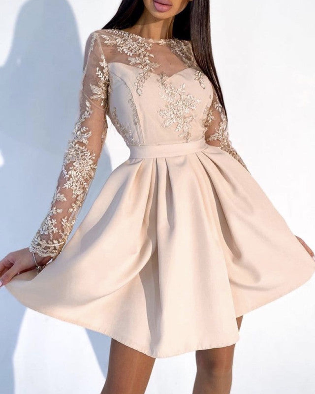 Short Champagne Dresses Lace Long Sleeves