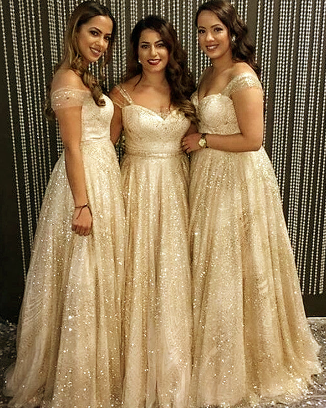 Long Champagne Sparkly Bridesmaid Dresses – Lisposa