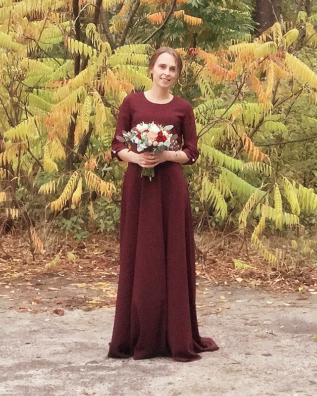 burgundy dress with sleeves Louanne Slinky Long Sleeve Maxi / | MESHKI formal party Soft, dark burgundy dress with