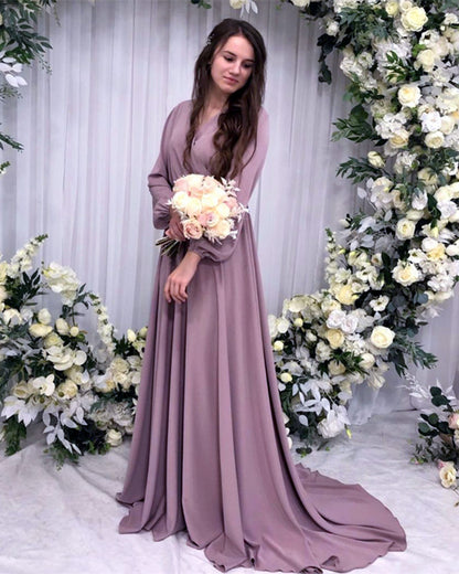 purple bridesmaid dresses with sleeves Chiffon Long Sleeve Bridesmaid White Christmas Dresses Chic V-Neck Long Slit Floor Length Fully lined bodice and skirt Mauve Bridesmaid Dresses Long SleevesV