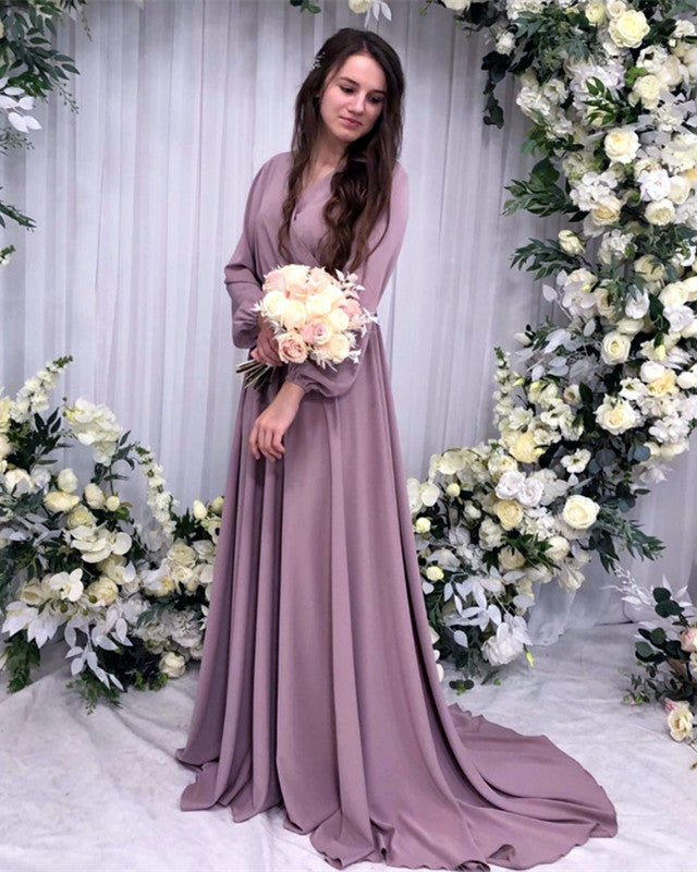 Mauve Bridesmaid Dresses Long SleevesV Neck – Lisposa