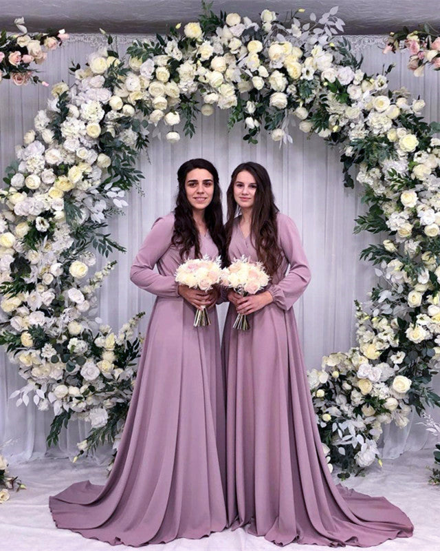 Mauve Bridesmaid Dresses Long SleevesV Neck – Lisposa