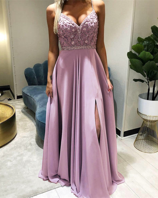 Beaded V-Neck Split Bridesmaid Dresses Chiffon