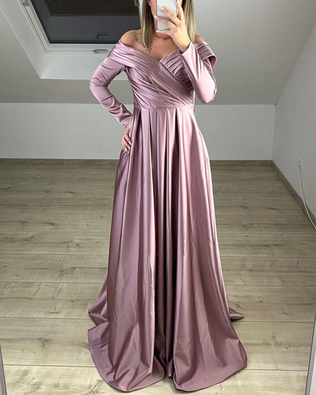 Long Sleeves Satin Dresses Off The Shoulder