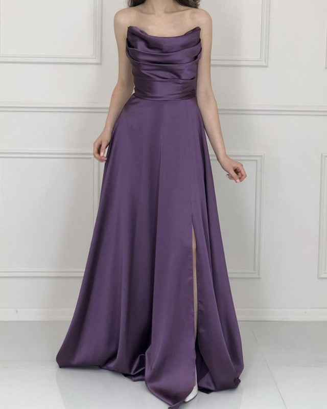 Strapless Satin Ruched Bridesmaid Dresses With Slit