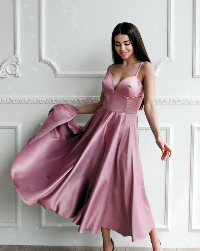 Tea Length Bridesmaid Dresses Satin V Neck – Lisposa