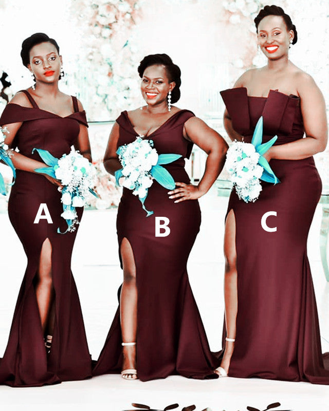 Mermaid Satin Cabernet Bridesmaid Dresses Mismatched
