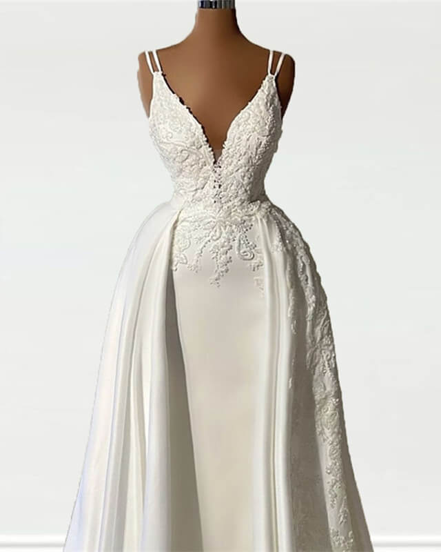 Mermaid Straps V Neck Appliques Satin Wedding Dress