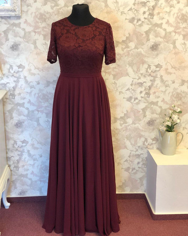Modest Chiffon Bridesmaid Dresses Lace Short Sleeves