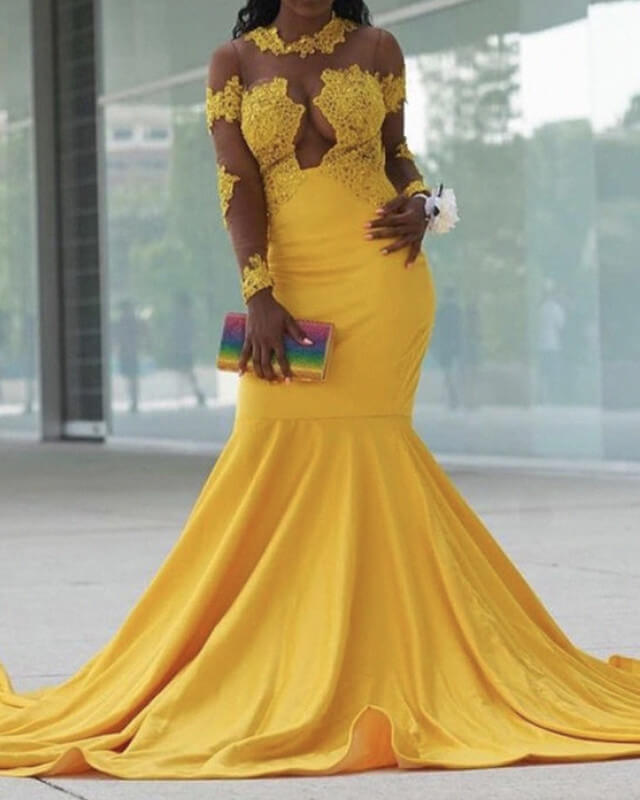Mustard Yellow Mermaid Long Sleeve Applique Prom Dresses Black Girl –  Lisposa