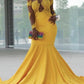 Mustard Yellow Mermaid Prom Dresses Appliques