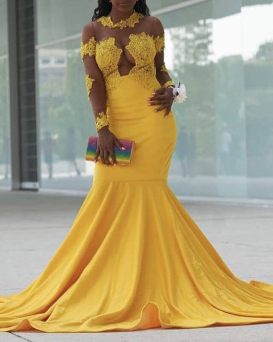 Mustard Yellow Mermaid Prom Dresses Appliques