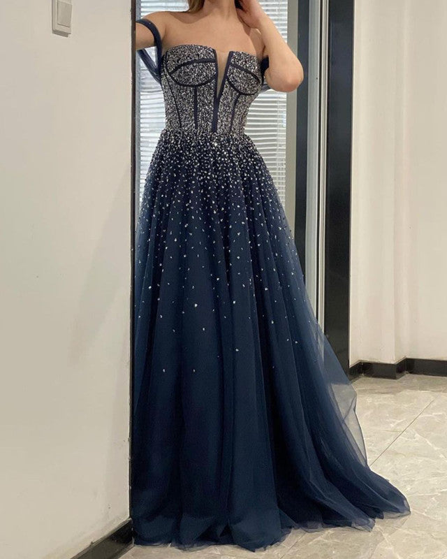 Navy Blue Tulle Prom Dresses Off Shoulder Beaded Corset Lisposa Navy Blue Tulle Prom Dresses Off Shoulder Beaded Corset Lisposa