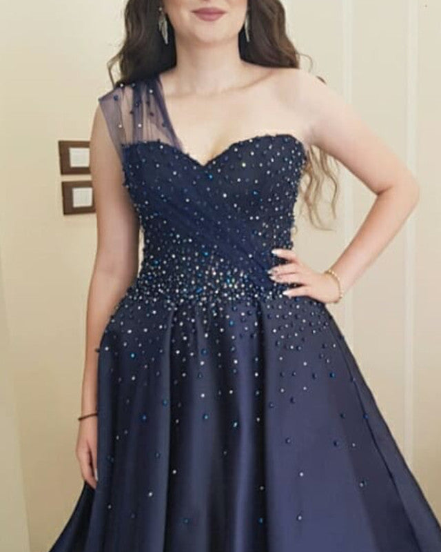 Navy Blue Prom Dresses One Shoulder Ball Gown