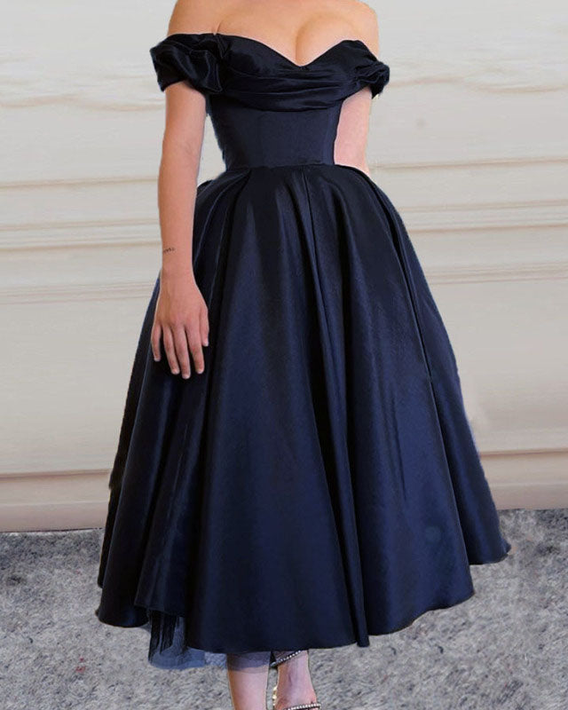 Tea Length Satin Bridesmaid Dresses Off Shoulder – Lisposa