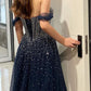 Navy Blue Tulle Prom Dresses Off Shoulder