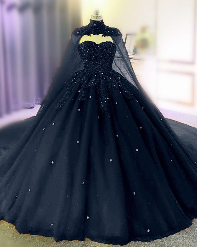 Navy Blue Wedding Dress With Cape